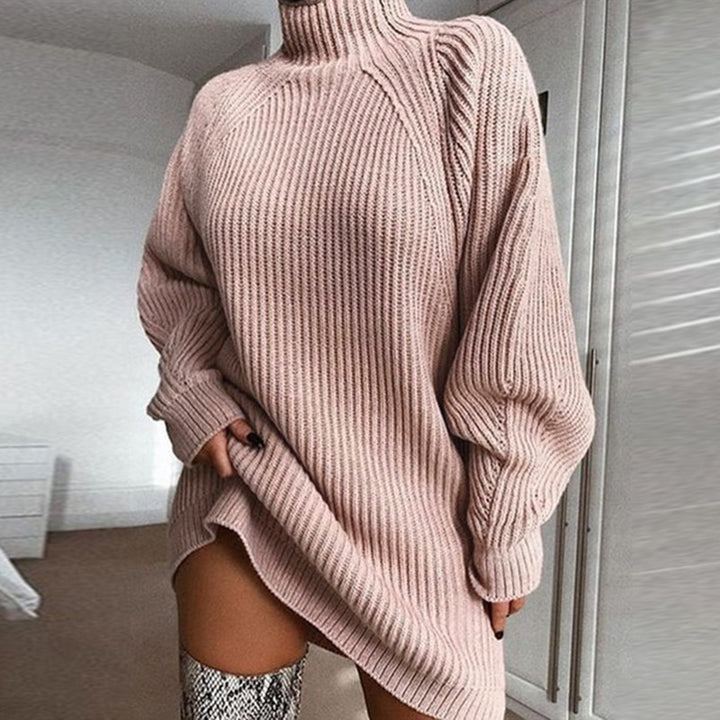 Sukienka swetrowa długa z golfem, ciepła, jednolity kolor, plus size