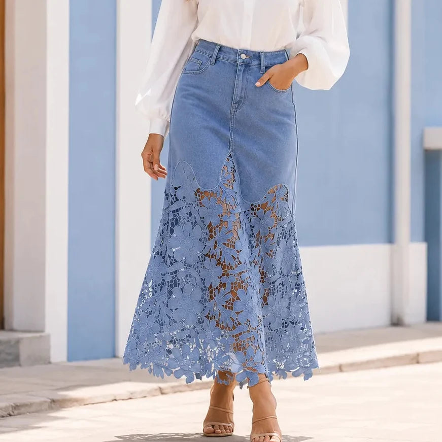 Florenza – Spódnica maxi z denimu z koronkowym wykończeniem i wysokim stanem, z kieszeniami