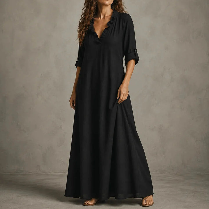 Soléra – Boho Sukienka Maxi z Falbanami i Dekoltem w Serek z Rękawami na Zwijanie