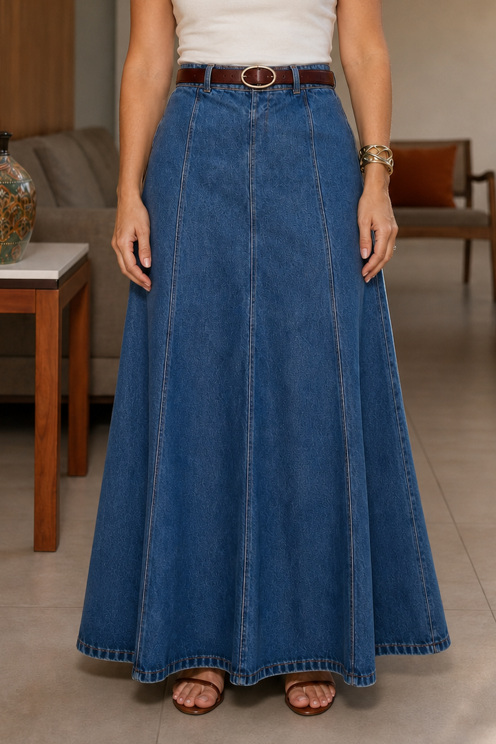 Wearbella – Spódnica Maxi Dżinsowa w Stylu A z Wysokim Stanem