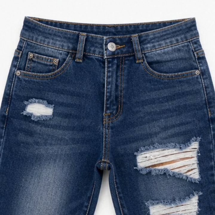 Delina – Damskie jeansy capri z miękkiej bawełny z postrzępionym dołem