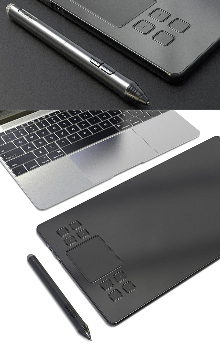 Czarny tablet graficzny z piórkiem na biurku