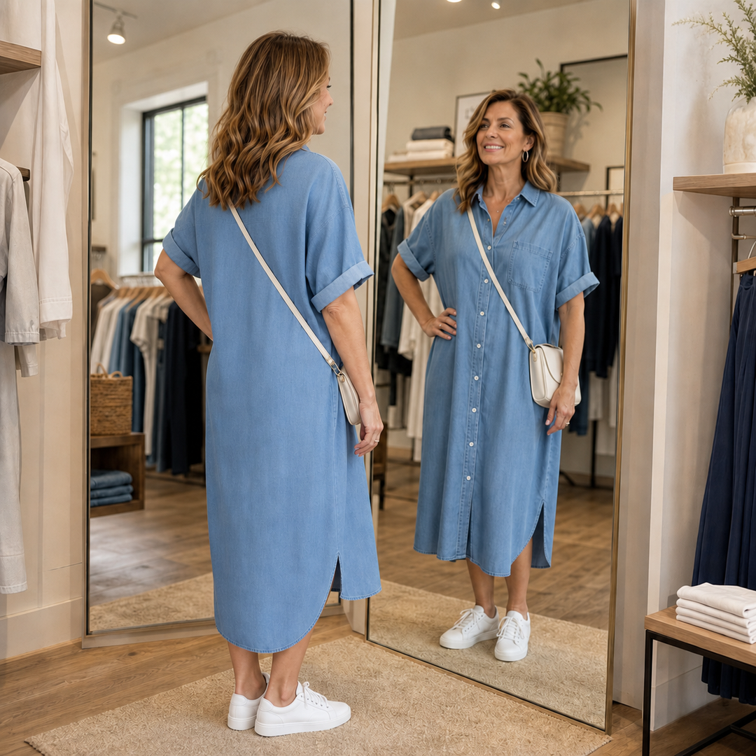 Wearbella – Luźna Sukienka Koszulowa z Jeansu z Guzikami