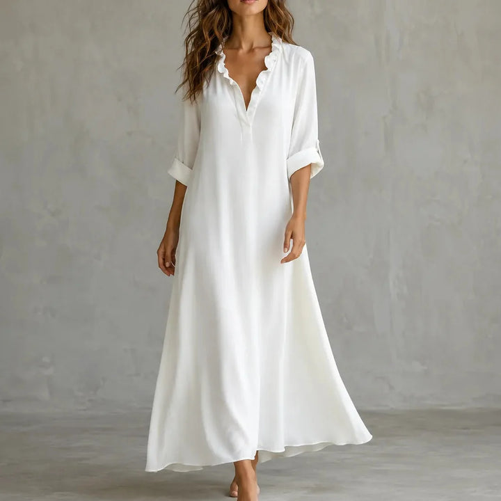 Soléra – Boho Sukienka Maxi z Falbanami i Dekoltem w Serek z Rękawami na Zwijanie