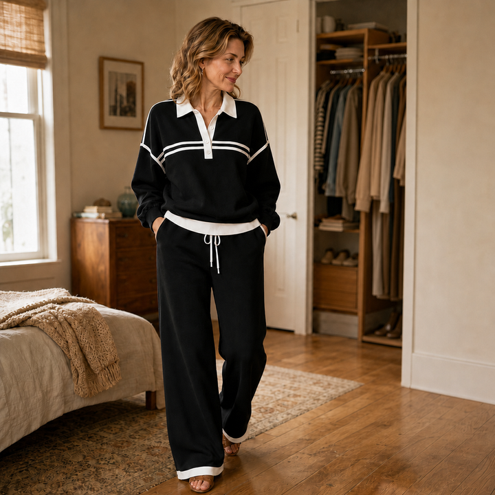 Wearbella – Sweter w paski z patchworkiem i szerokie spodnie