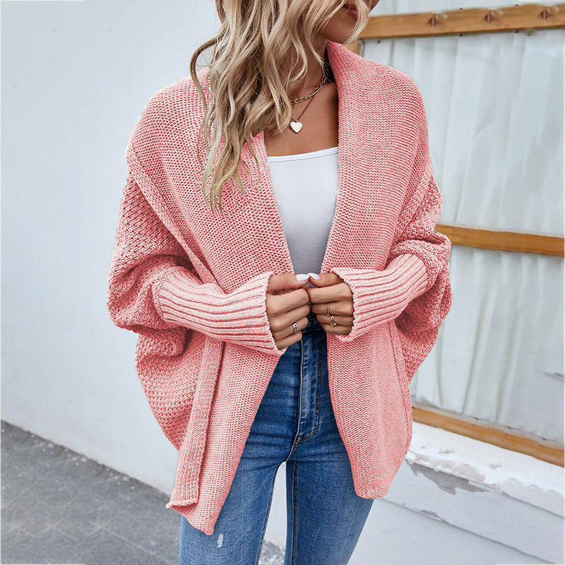 Kardigan damski oversize z rękawami nietoperz, dzianinowy, z klapami
