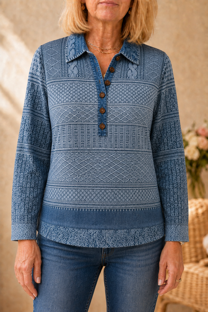 Layerlyn – Bluzka dzianinowa z denimu w patchworkowym wzorze
