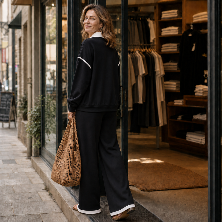 Wearbella – Sweter w paski z patchworkiem i szerokie spodnie