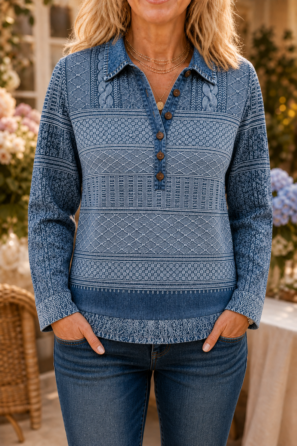 Layerlyn – Bluzka dzianinowa z denimu w patchworkowym wzorze
