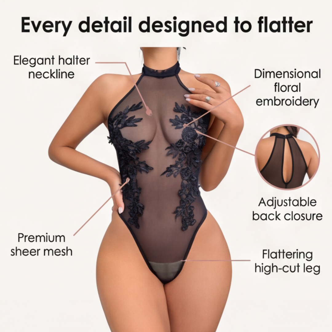 Floressa – Przezroczysty body z haftem kwiatowym na halter