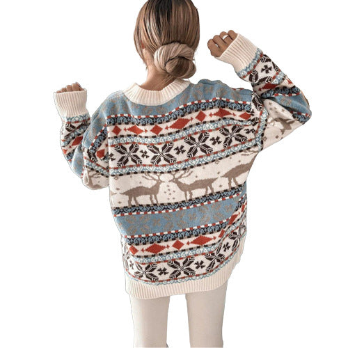 Sweter damski świąteczny w żakardowy wzór, luźny, z okrągłym dekoltem