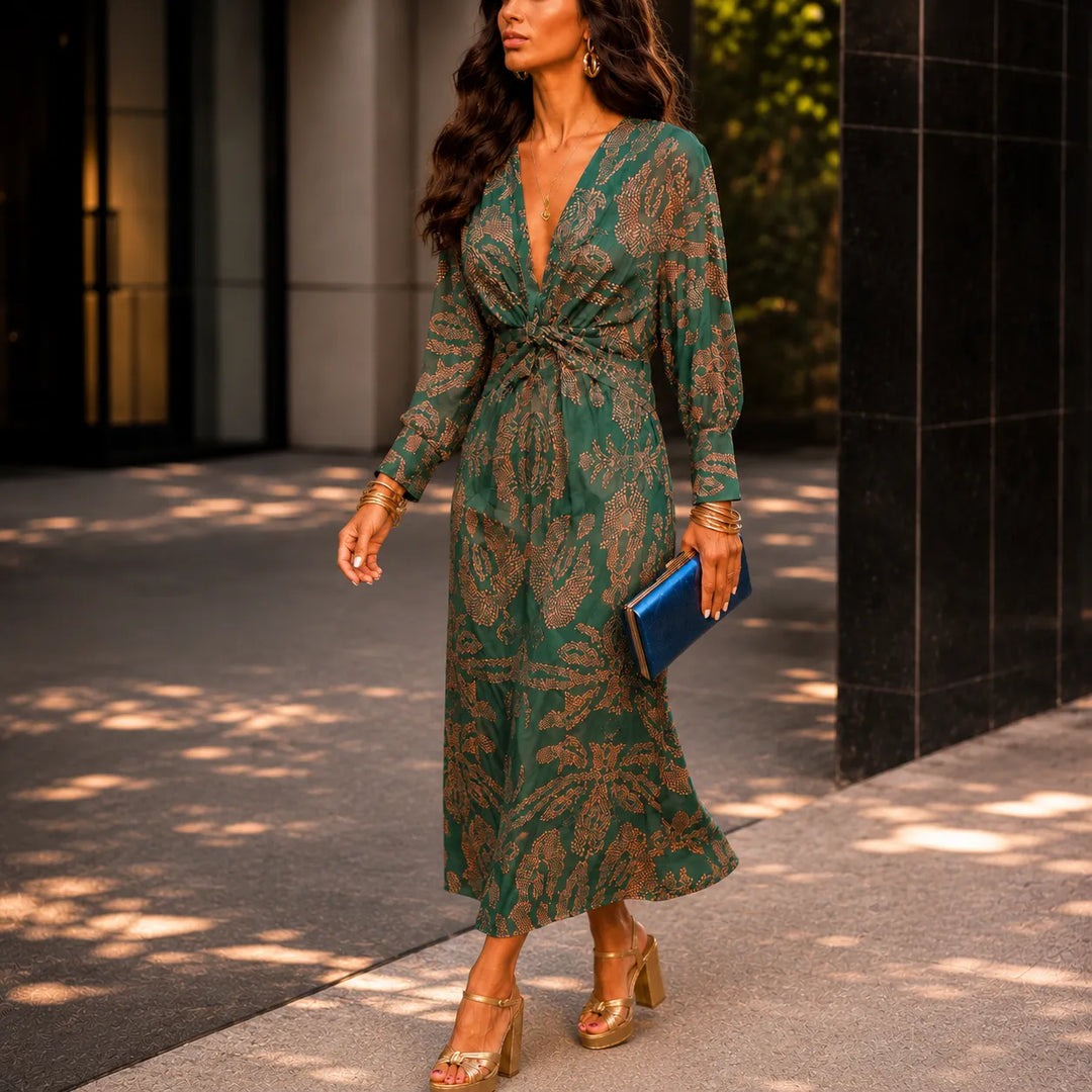 Florenza – Midi sukienka z barokowym nadrukiem i skręconym przodem