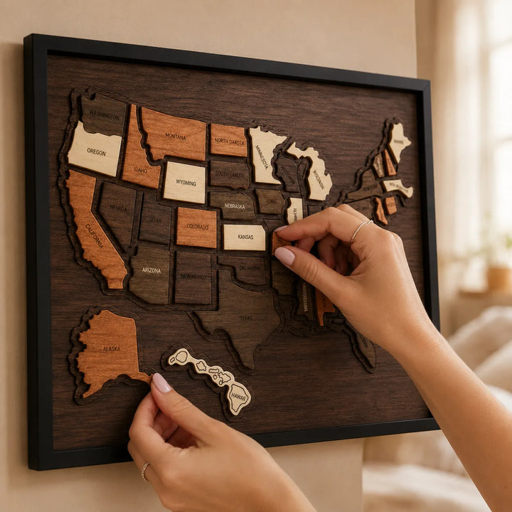 Wanderoak – Drewniana mapa podróży USA z 3D kawałkami stanów