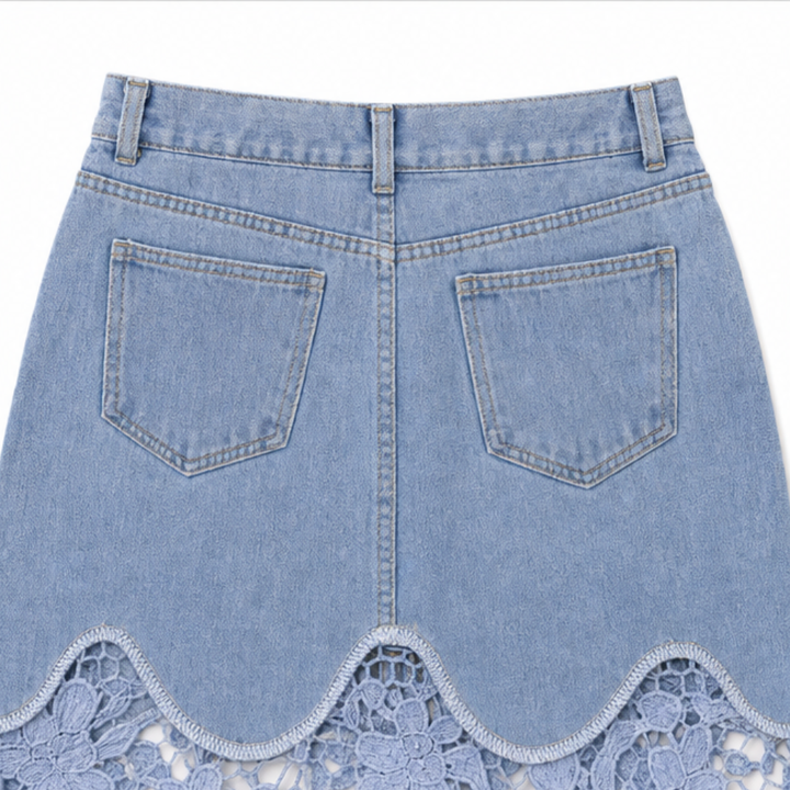 Florenza – Spódnica maxi z denimu z koronkowym wykończeniem i wysokim stanem, z kieszeniami