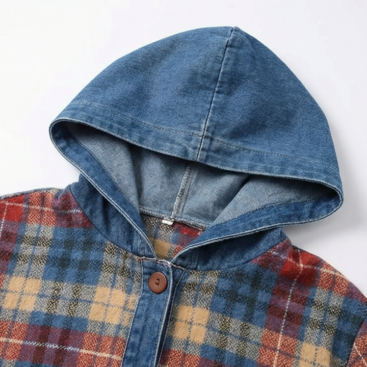 Weslyn – Kobieca kurtka z kontrastowym denimu w kratę z kapturem