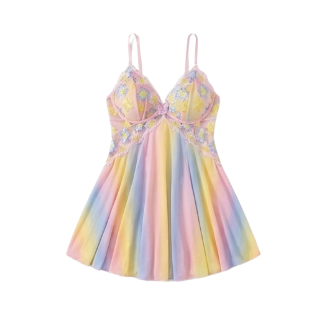 Floressa – Damska haftowana nocna koszula babydoll z kwiatowym wzorem