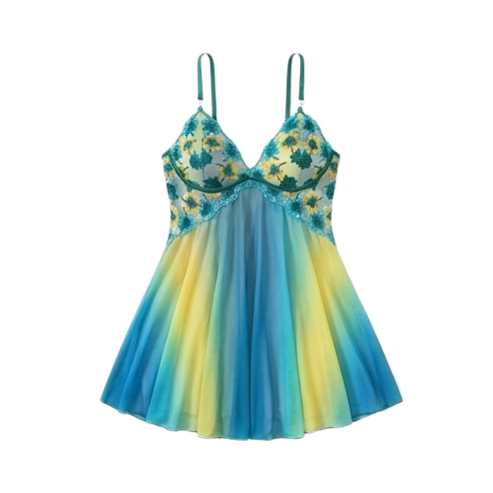 Floressa – Damska haftowana nocna koszula babydoll z kwiatowym wzorem