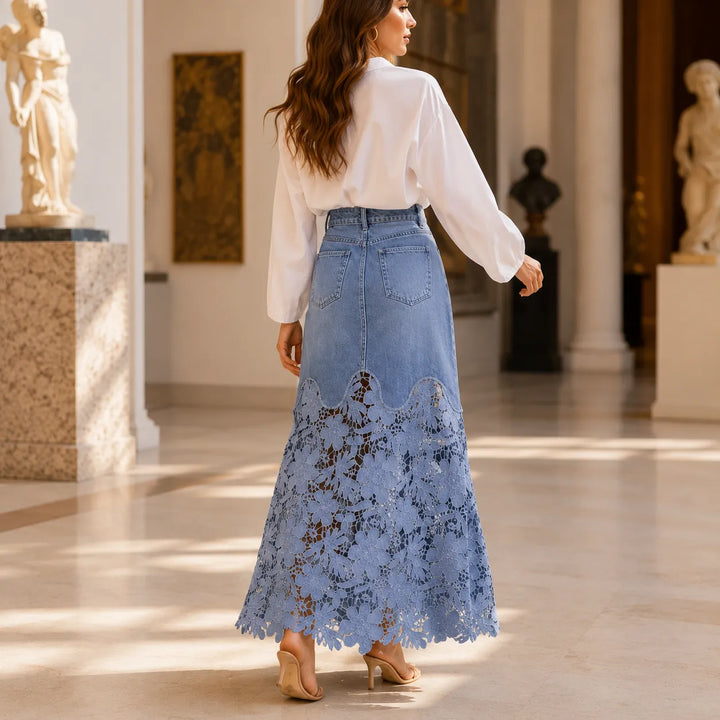 Florenza – Spódnica maxi z denimu z koronkowym wykończeniem i wysokim stanem, z kieszeniami