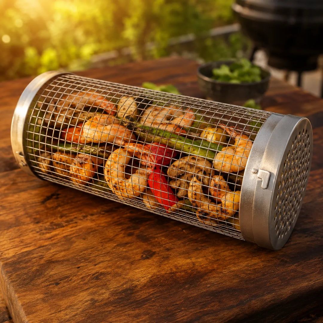 Rollwell – Stalowy kosz do grillowania z siatką i hakiem