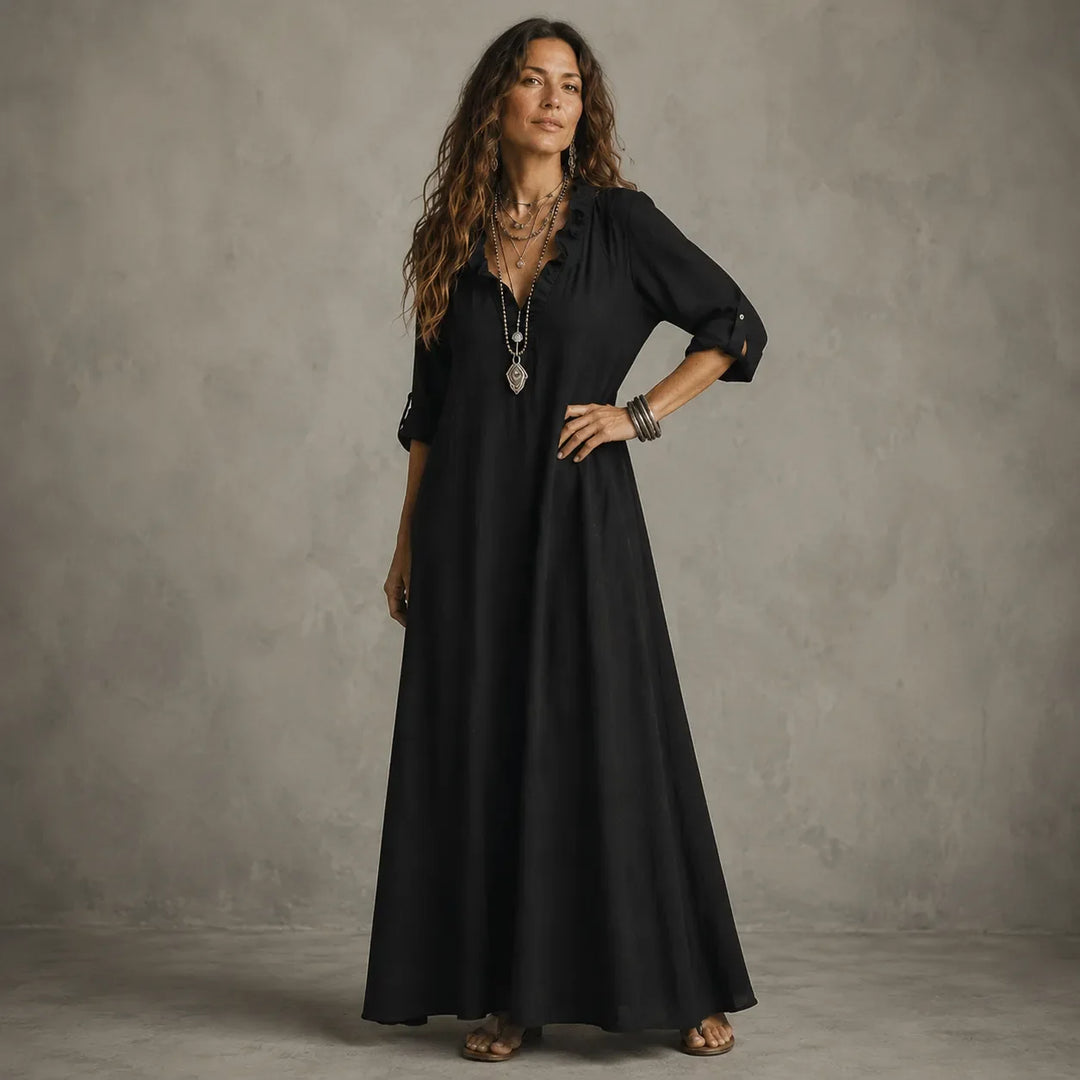 Soléra – Boho Sukienka Maxi z Falbanami i Dekoltem w Serek z Rękawami na Zwijanie