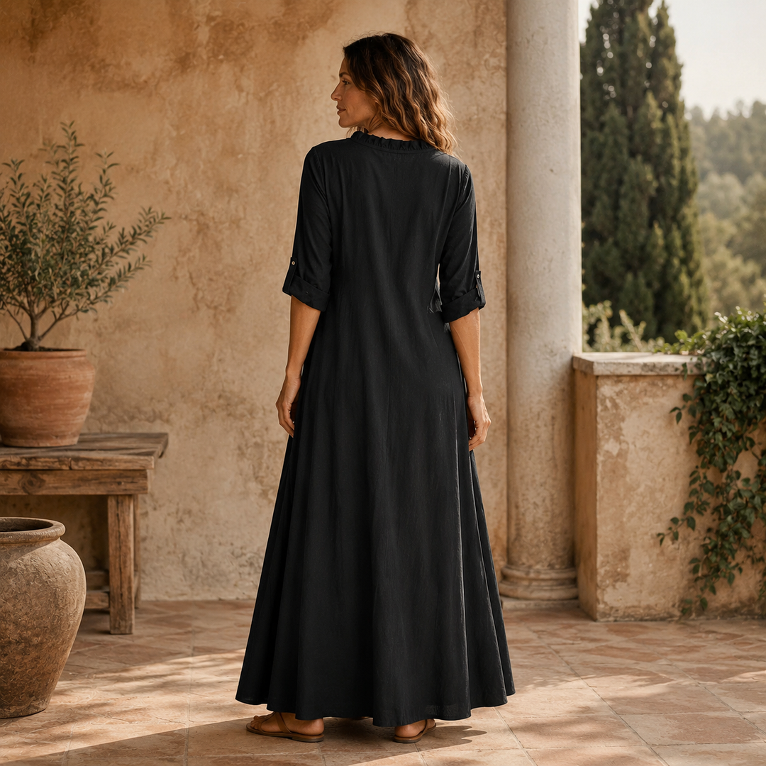 Soléra – Boho Sukienka Maxi z Falbanami i Dekoltem w Serek z Rękawami na Zwijanie