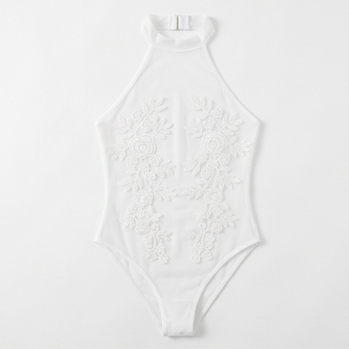 Floressa – Przezroczysty body z haftem kwiatowym na halter