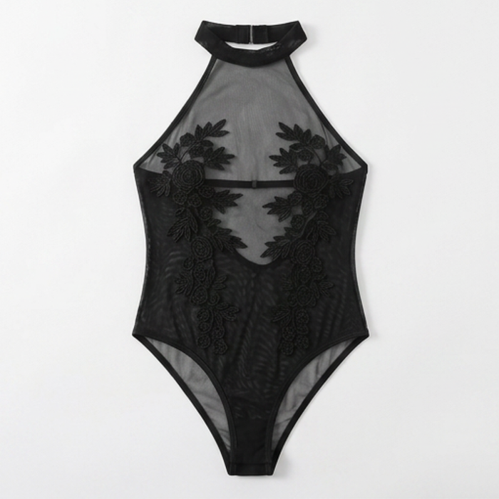 Floressa – Przezroczysty body z haftem kwiatowym na halter