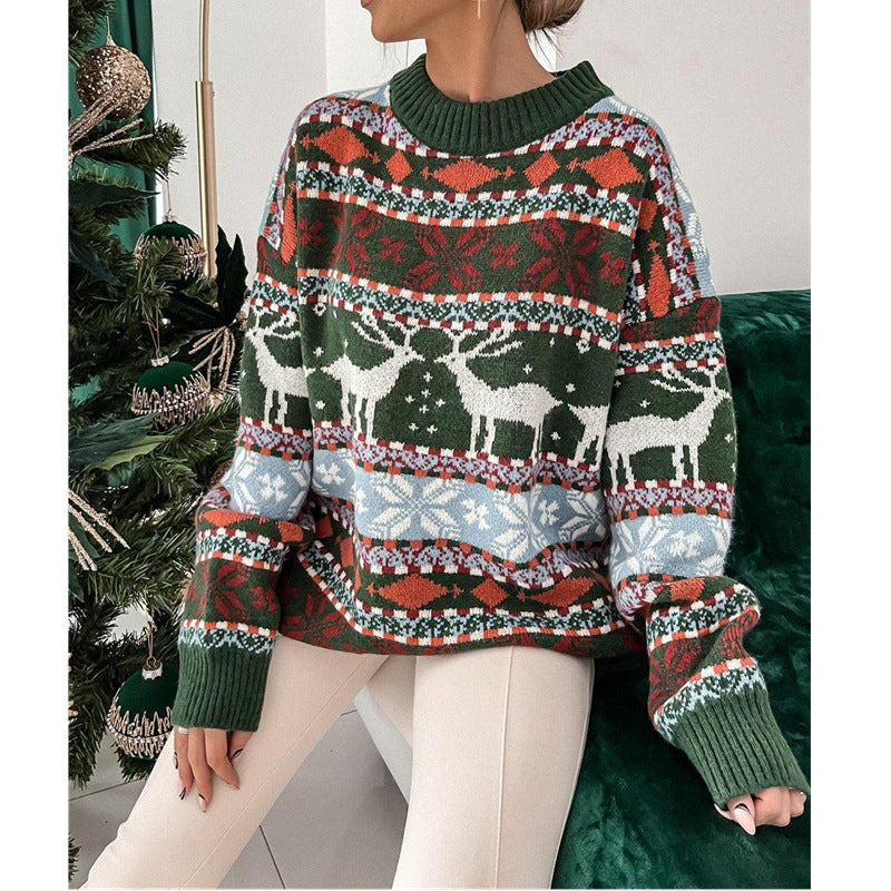 Sweter damski świąteczny w żakardowy wzór, luźny, z okrągłym dekoltem