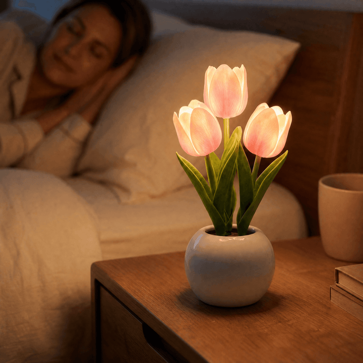 Bloomora – Lampa LED w kształcie tulipana z ceramiczną wazonem