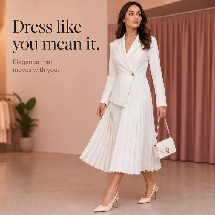 Pleat &amp; Poise – Sukienka midi z plisami i guzikiem z przodu