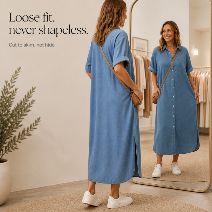 Wearbella – Luźna Sukienka Koszulowa z Jeansu z Guzikami