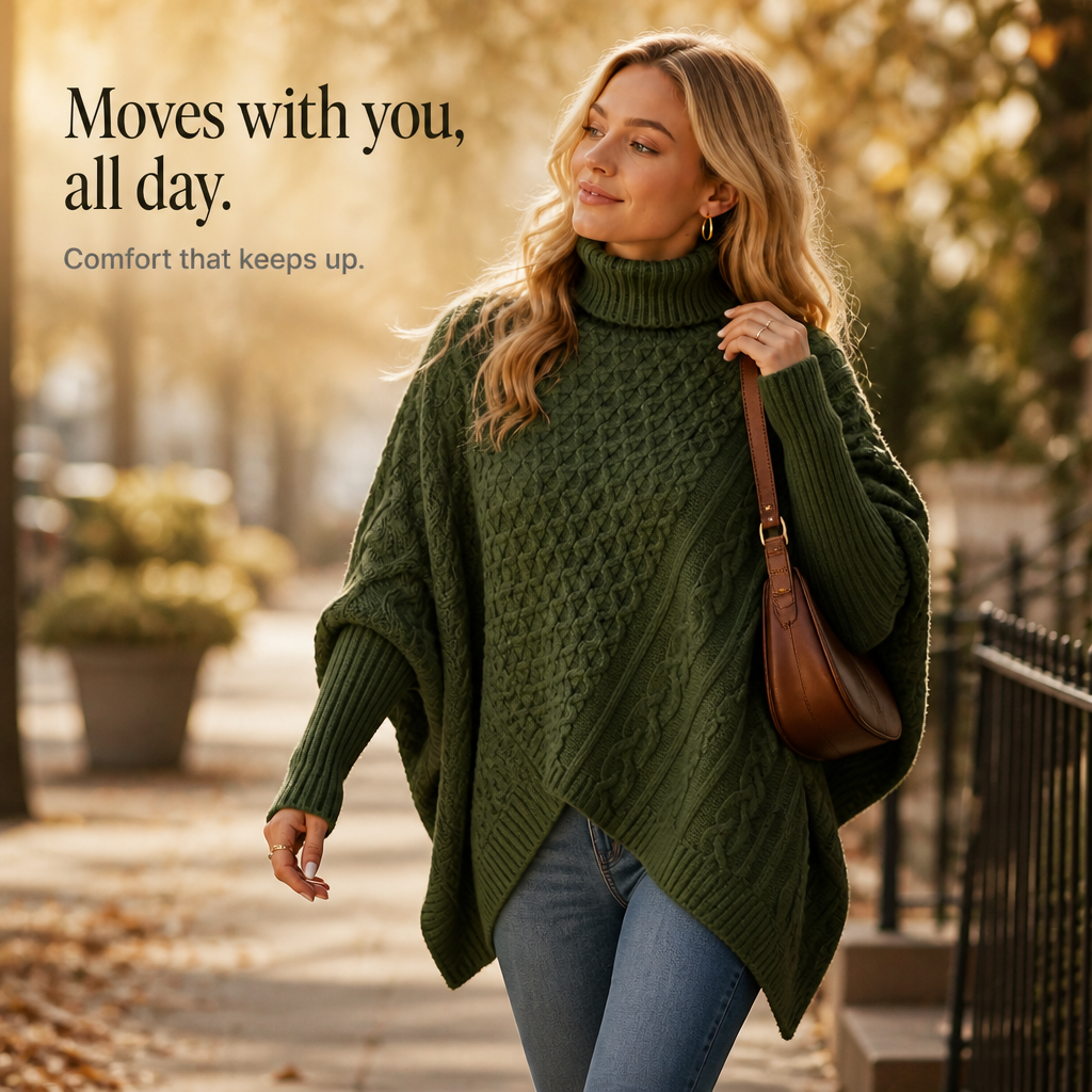 Cable &amp; Cove – Sweter Poncho z Golfem w Warkocze