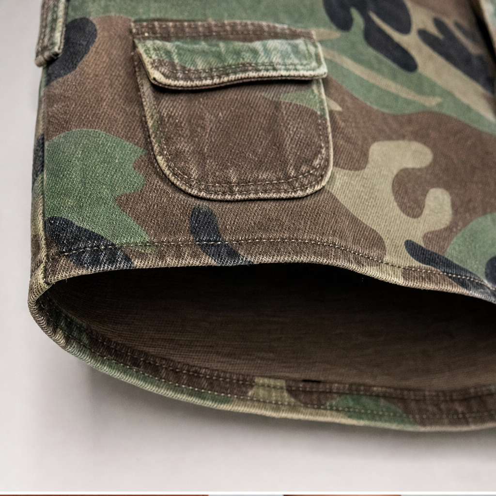 Camo Muse – Retro Kamuflażowe Jeansy z Szerokimi Nogawkami