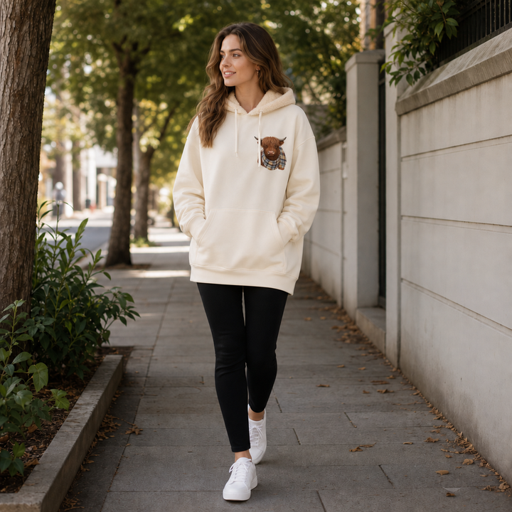 Highlander – Bluza z kapturem w wzór na bydło szkockie
