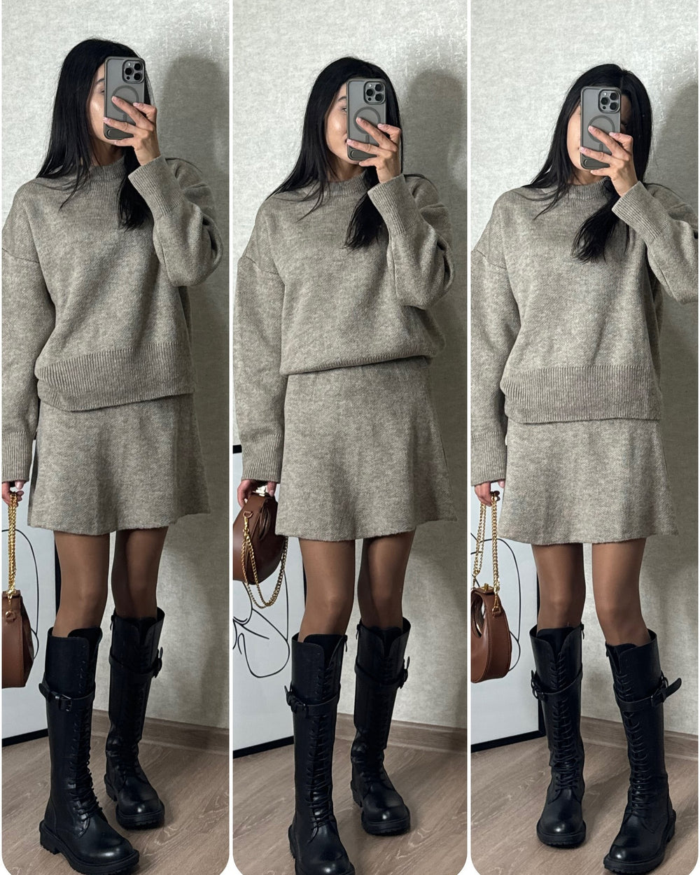 Komplet damski: sweter i rozkloszowana spódnica mini