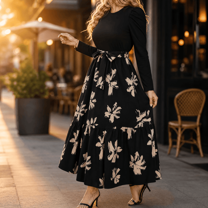 Florenza – Damska sukienka maxi w kwiaty z wiązaniem w talii