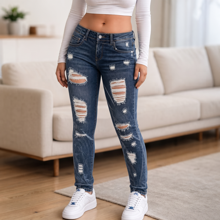 Curvella – Zniszczone, wysokie dżinsy skinny z elastycznego materiału