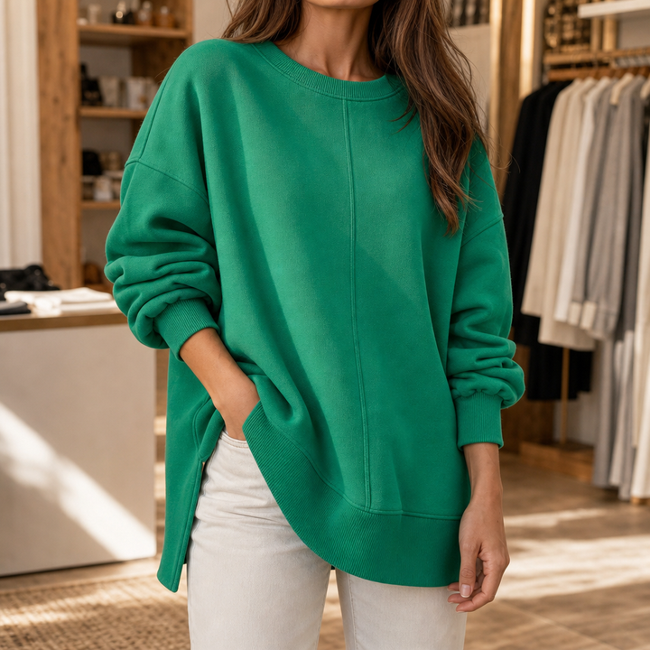 Verdant Ease – Bluza z Opuszczonymi Ramionami i Rozcięciami po Bokach