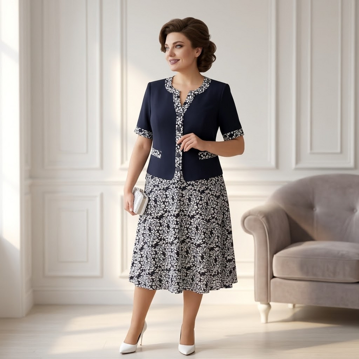 Maelyn – Elegancka granatowa sukienka w kwiaty z wbudowaną kurtką dla kobiet