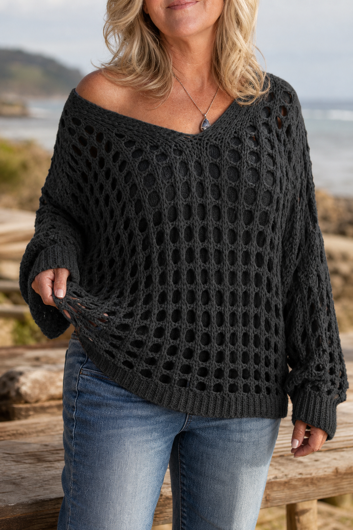 Sunlace – Sweter Oversize z Otwartych Splotów na Ramię