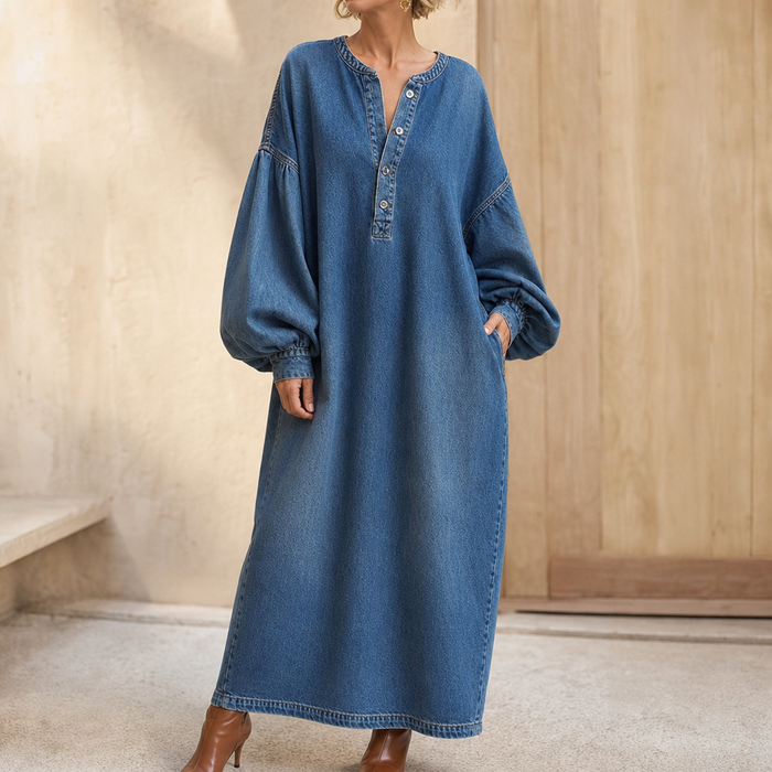 Denimelle – Długa sukienka maxi w stylu dżinsowym z długim rękawem