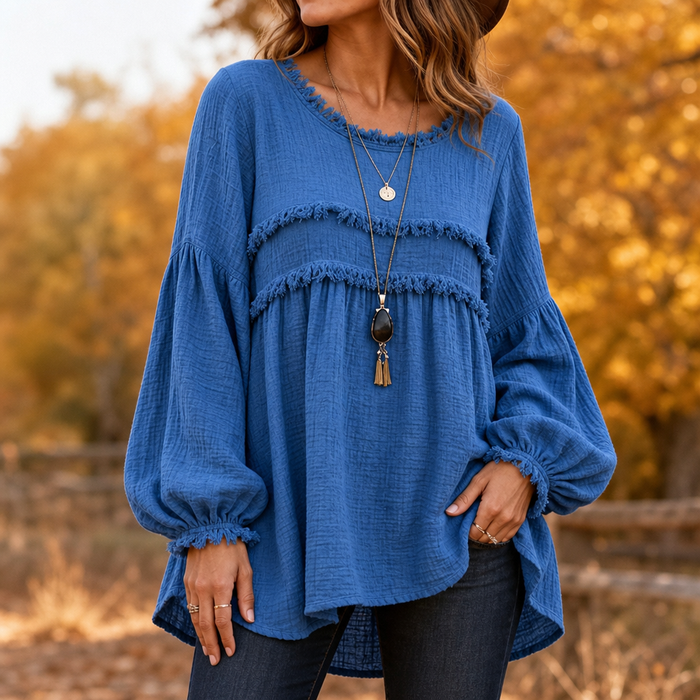Wovella – Bluzka Boho z Falbanką i Plisowanymi Rękawami