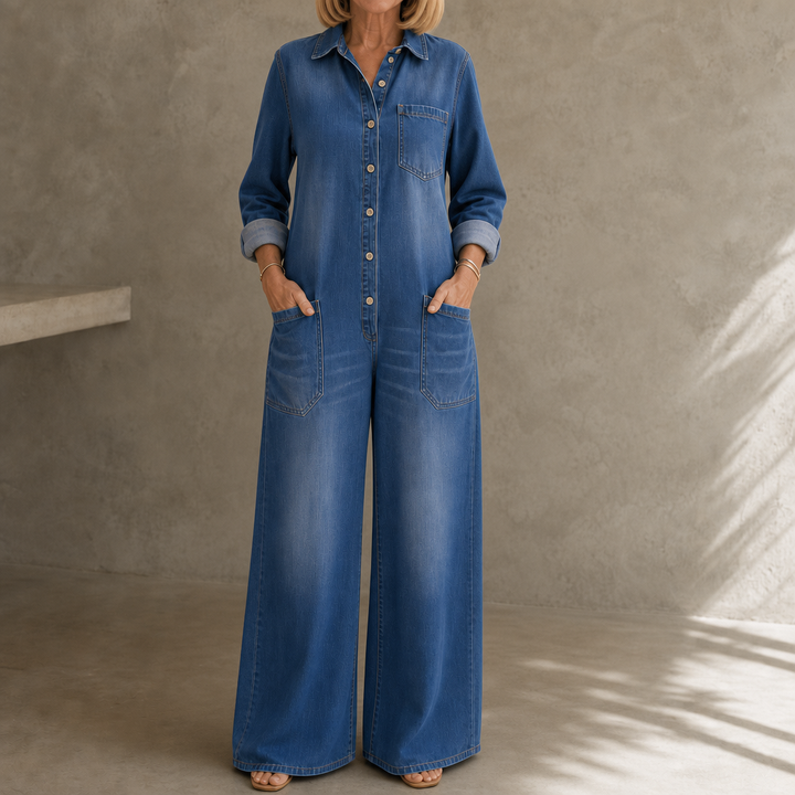 Everleigh – Kombinezon dżinsowy z szerokimi nogawkami i guzikami z przodu
