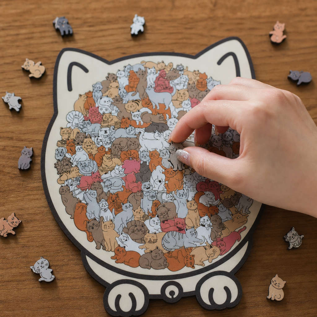 Purrzzle – Drewniana układanka w kształcie kota, 135 elementów