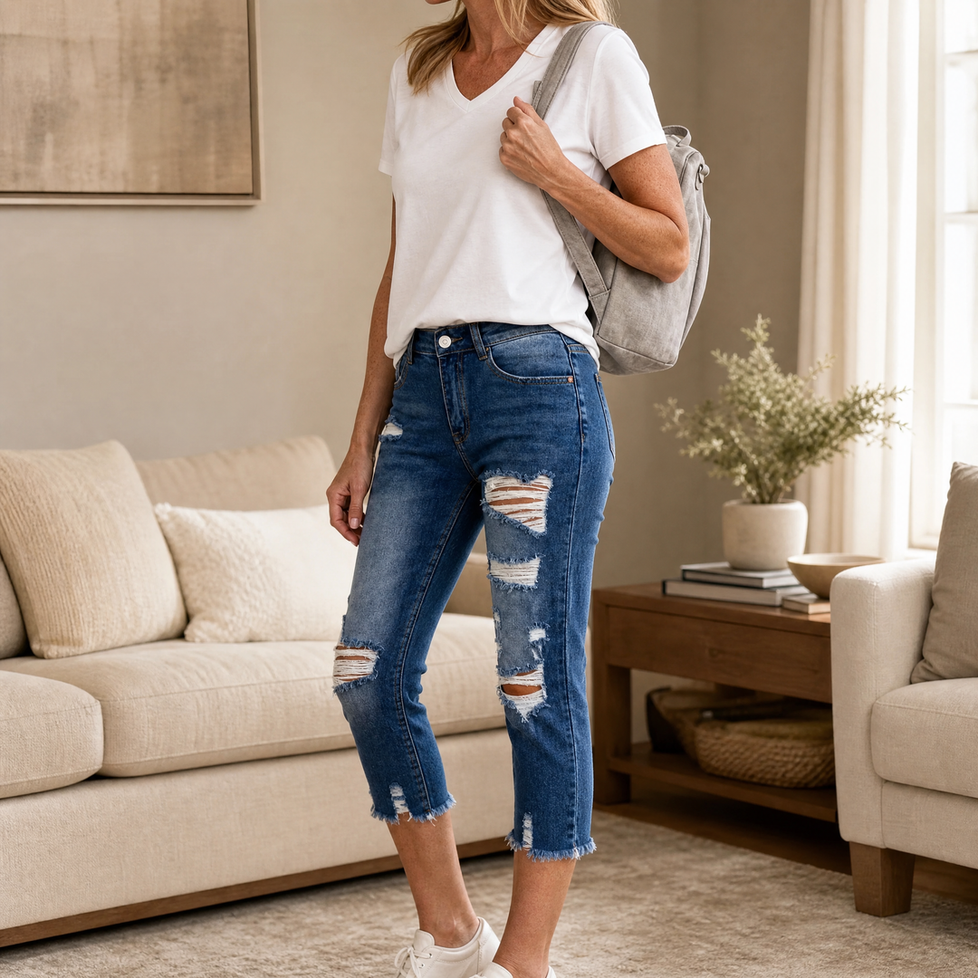Delina – Damskie jeansy capri z miękkiej bawełny z postrzępionym dołem