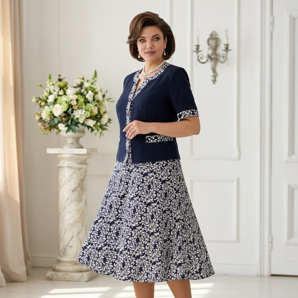 Maelyn – Elegancka granatowa sukienka w kwiaty z wbudowaną kurtką dla kobiet