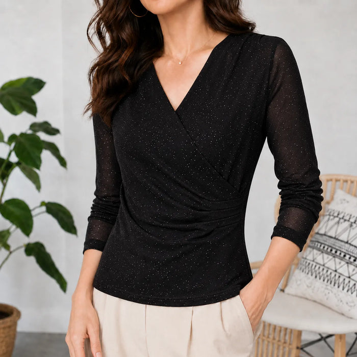 Solavia – Top z dekoltem w serek i marszczeniem z przezroczystymi rękawami