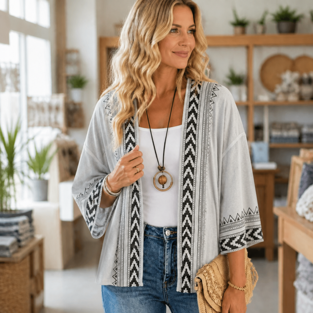 Wearbella – Kardigan z otwartym przodem w retro geometryczny wzór