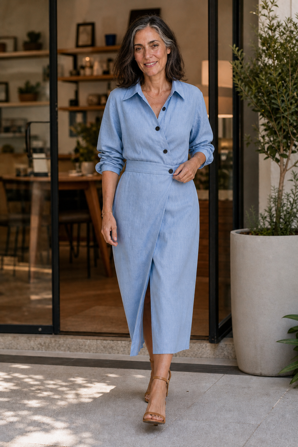 Wrapdaily – Sukienka koszulowa midi A-Line z paskiem i kieszeniami