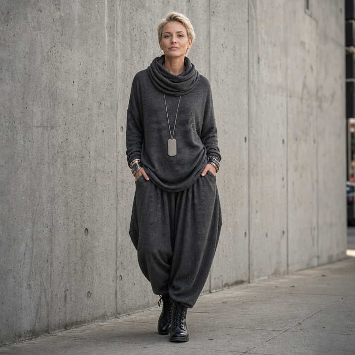 Pinstripe Poise – Zestaw z Drapowanym Topem z Wysokim Dekoltem i Spodniami w Kształcie Latarni